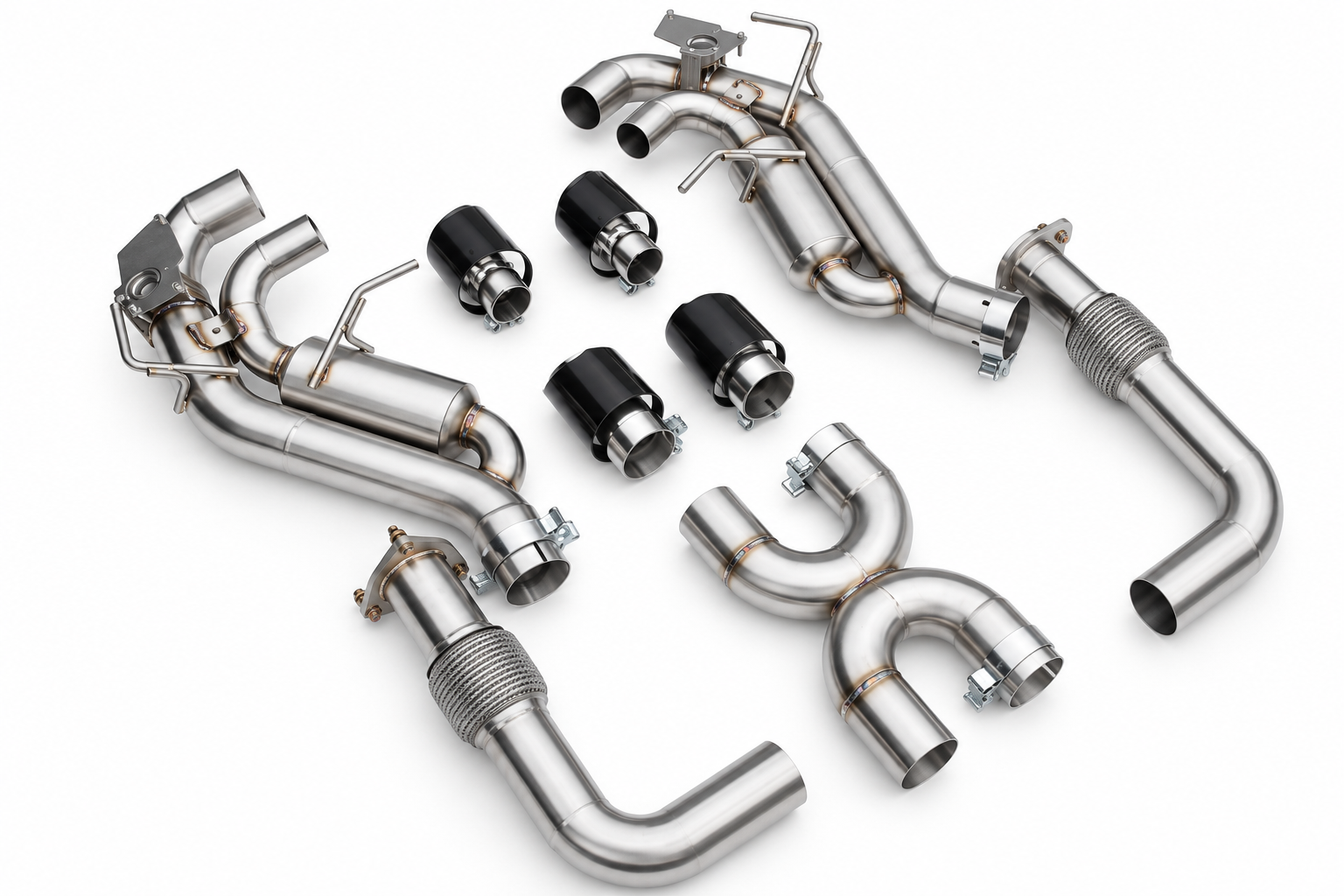 Chevrolet Corvette C8 Stingray 6.2L LT2 3" Cat-Back Exhaust. Polished 304 Stainless, Quad 4.5" Black Chrome Tips