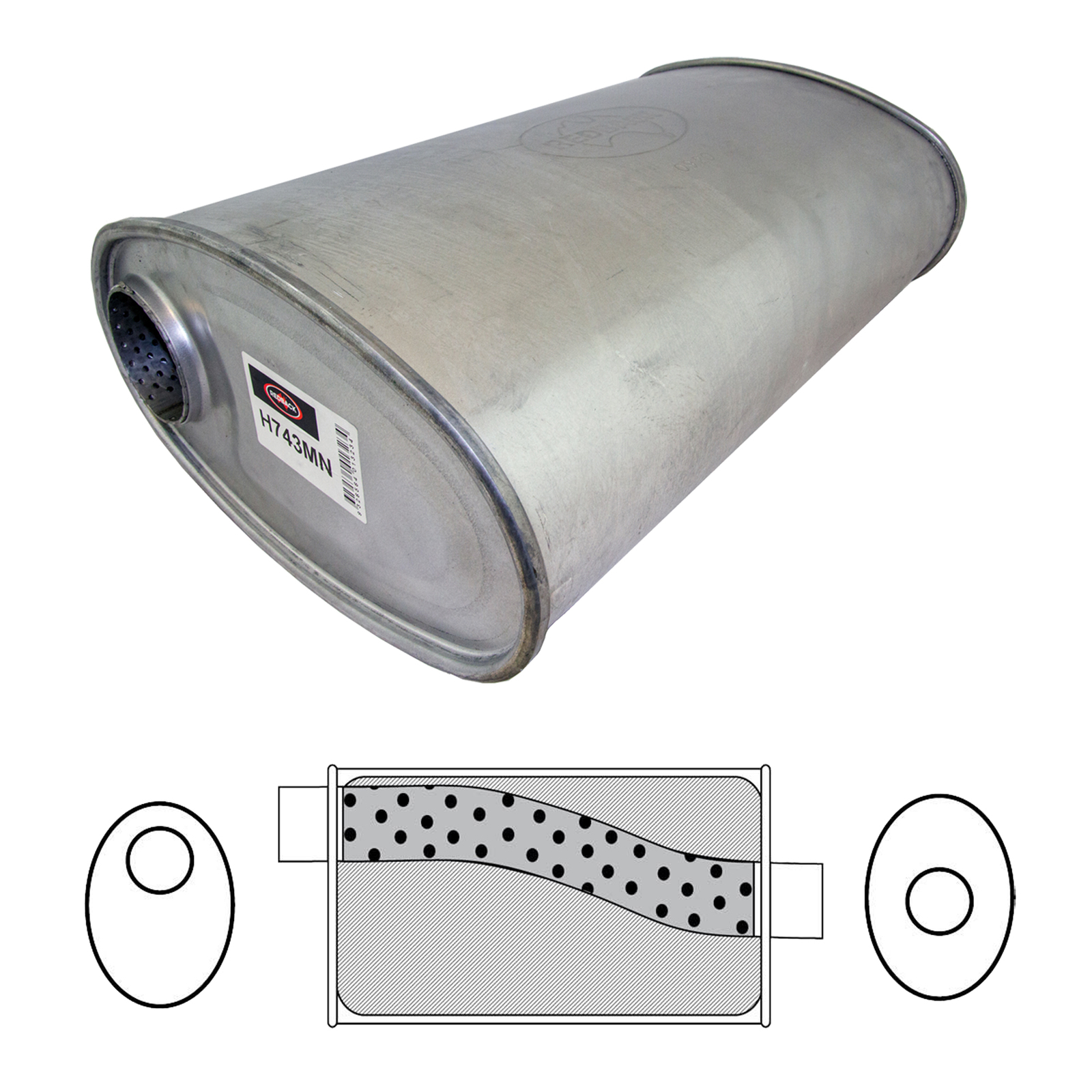 Redback Muffler 11" x 6" Oval, 18" Long, 2 1/2" Offset/Centre, Megaflow (No Spigots) image