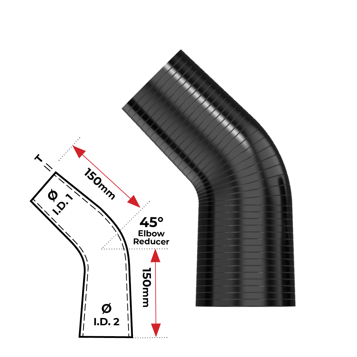 Redback Silicone Hose (3" in, 4" out) 45° Bend Reducer (Black) image