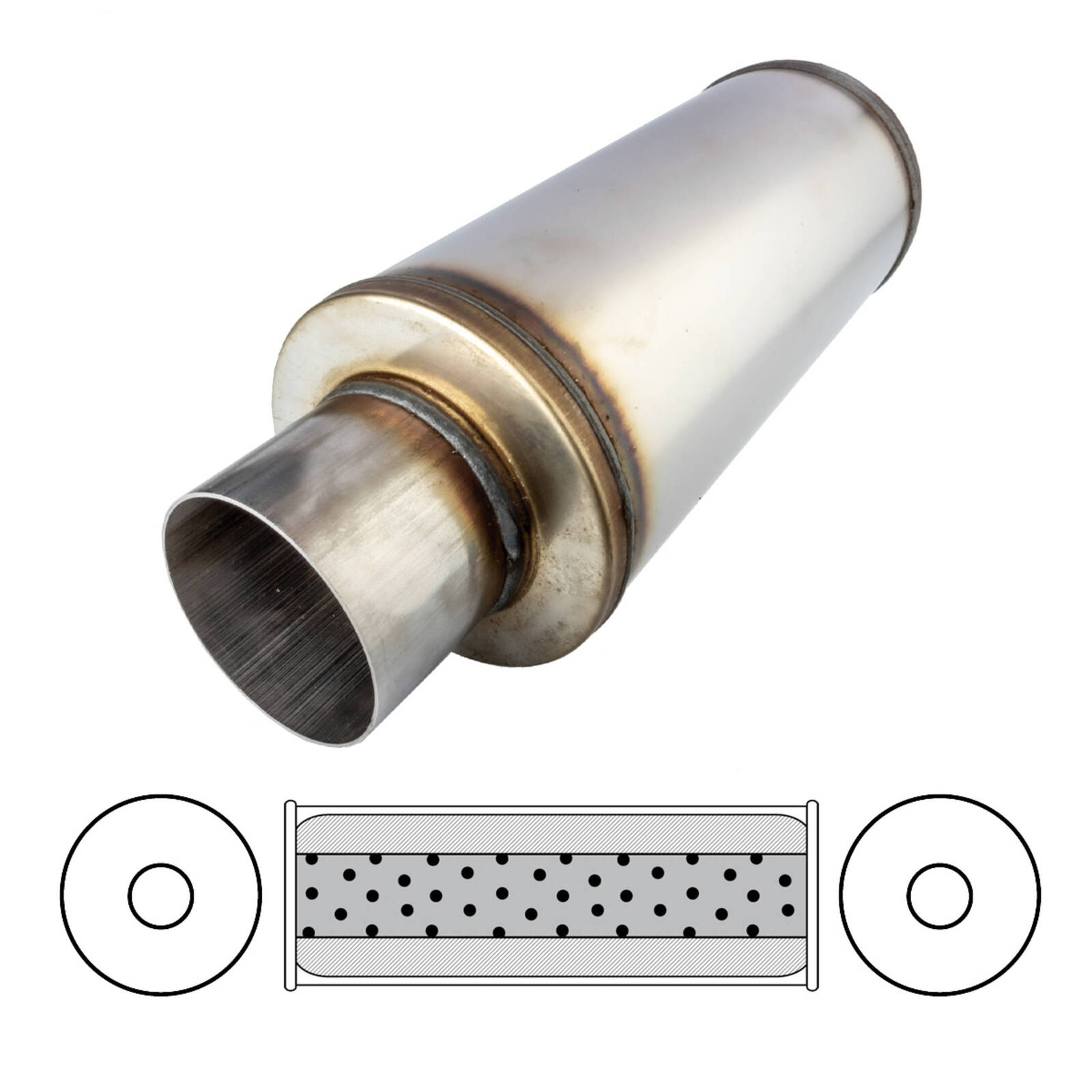 6" Round, 14" Long, 3 1/2", C/C, Mega Power, 409 Stainless image