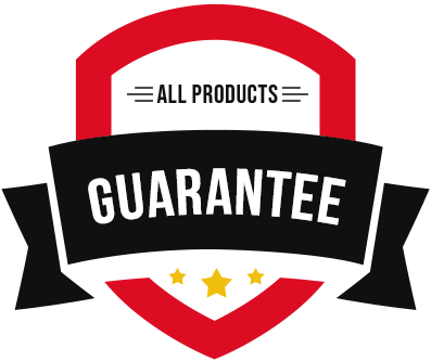 Red shield-shaped badge with a black banner reading “Guarantee,” the words “All Products” above it, and three gold stars below